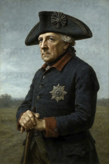 Portrait, the Prussian King Frederick II, Frederick the Great, symbolic image of Hohenzollern, Prussia, kingdom, nobility, historical figure, AI generated, AI generated