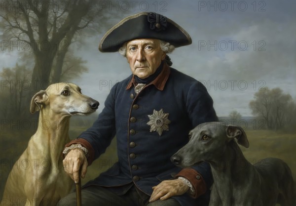 Portrait of the Prussian King Frederick II, Frederick the Great with his greyhounds, symbolic image of Hohenzollern, Prussia, kingdom, nobility, historical figure, AI generated, AI generated