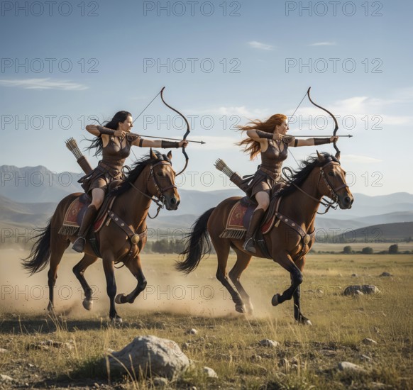 Two Amazons ride on horses and armed with bows and arrows, symbolic image warrior, female rider, Greek mythology, woman, fighter, AI-generated, AI-generated, AI generated