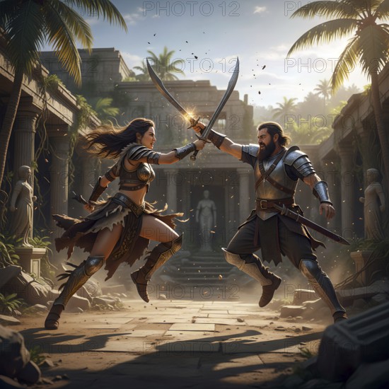 An Amazon fights with the sword against a man, a warrior, symbol warrior, horsewoman, Greek mythology, woman, fighter, AI generated, AI generated