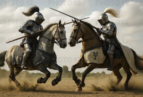 Two knights in armor and with helmet and lance ride and fight each other in a medieval tournament, symbol knight tournament, battle, games, medieval, story, knights' games, AI-generated, AI-generated, AI generated