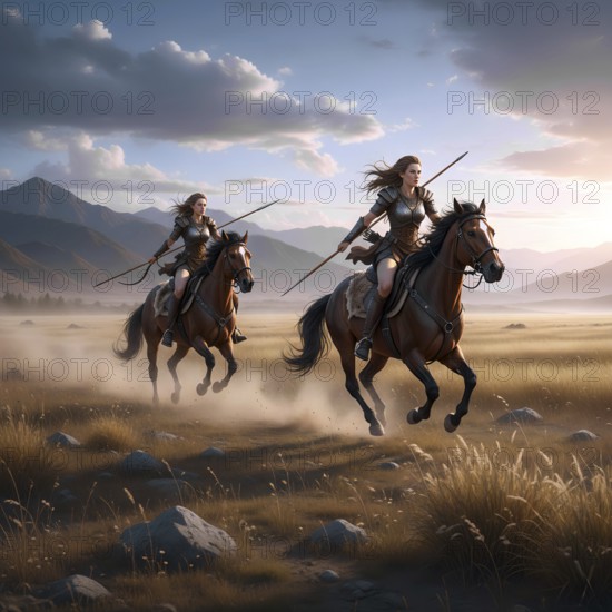 Two Amazons ride on horses and armed with spear, symbolic image warrior, female rider, Greek mythology, woman, fighter, AI-generated, AI-generated, AI generated