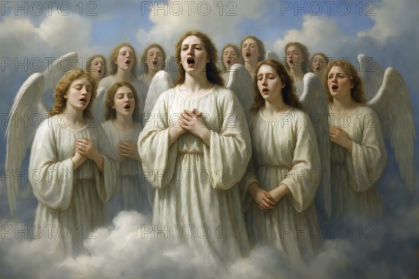 A choir of angels sings on a cloud in the sky, symbolic picture kitsch, music, song, angel chorus, fantasy, angel wings, make music, sing, AI generated, AI generated