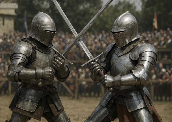 Two knights in armor and with helmet and sword fight each other in a medieval tournament, symbol knight tournament, battle, games, medieval, story, knights' games, AI generated, AI generated