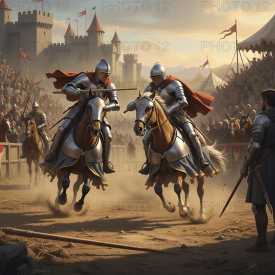 Two knights in armor and with helmet and lance ride and fight each other in a medieval tournament, symbol knight tournament, fight, games, medieval, AI generated, AI generated
