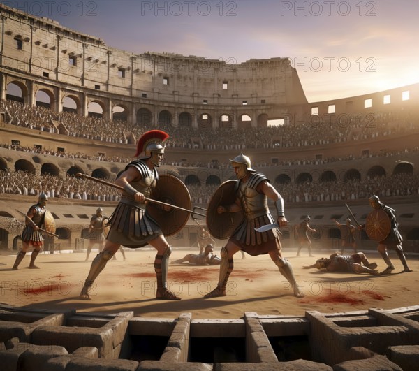 Two gladiators with helmet, shield and sword fight in a Roman arena, symbol ancient, Roman, gladiator fights, Roman Empire, history, combat, sword fighting, AI generated, AI generated