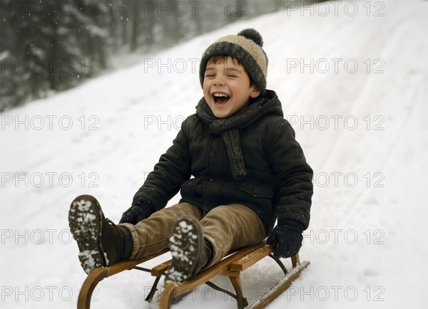 A boy sledges down a hill laughing happily on a sled, symbolizing winter, winter sports, sledding, snow, fun, AI generated, AI generated