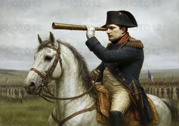The French Emperor Napoleon Bonaparte on his horse looks through his telescope at the troops of his army, symbolic image of France, Empire, Conquest, Battle, Soldiers, History, Battle of Nations 1813, AI generated, AI generated