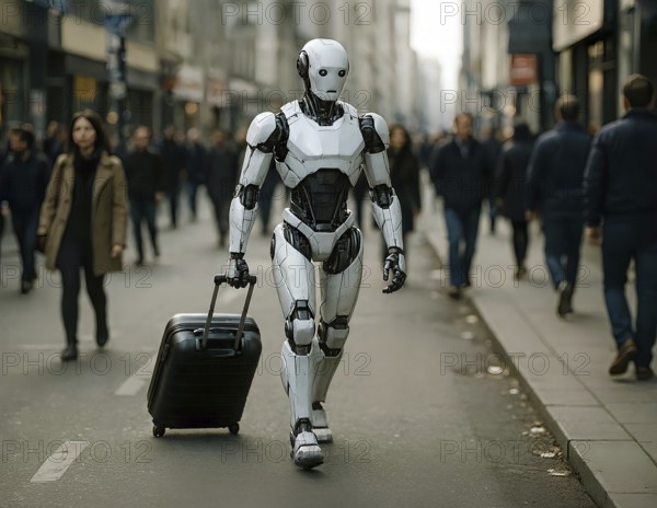 Symbolic picture, a humanoid robot with luggage and suitcase on the way to a trip, cybernetics, leisure, recreation, vacation, machine, ethics, fundamental right, humanoid robot, technology, morality, AI generated, AI generated