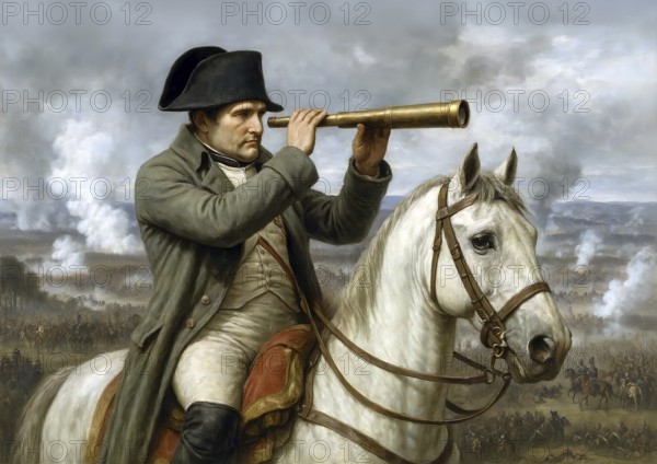 The French Emperor Napoleon Bonaparte on his horse looks through his telescope at the troops of his army and the battlefield, symbolic image of France, Empire, Conquest, Battle, Soldiers, History, Battle of the Nations 1813, AI generated, AI generated