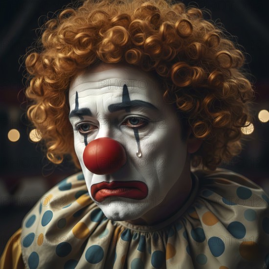 A sad clown with a tear on his face, symbolic image sad, music, musical clown, circus, makeup, portrait, costume, costumed, crying, melancholy, AI generated