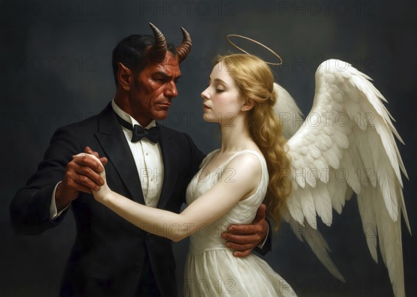 An angel and a devil dance together, symbolic image contrast, opposites, heavenly, devilish, pleasure, couple, character, AI generated, AI generated