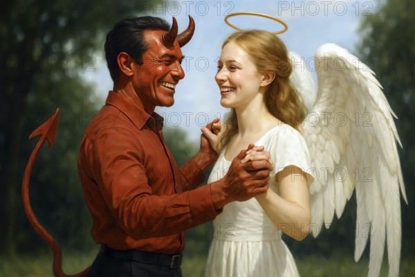 An angel and a devil dance together, symbolic image contrast, opposites, heavenly, devilish, pleasure, couple, character AI generated, AI generated