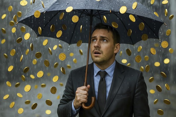 A man under an umbrella, it rains coins, symbolic image, money, wealth, greed, money rain, finance, AI generated, AI generated