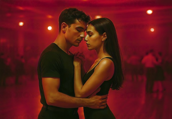 A young couple in love dances under red light, symbolic picture, dance, love, couple, affectionate, lighting, AI generated, AI generated