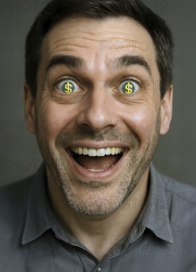 Portrait, a man has dollar signs in his eyes, symbolic image, money, dollars, finances, finance, greed, wealth, currency, debt, AI generated, AI generated