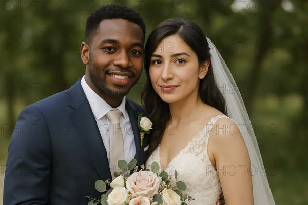 A bridal couple, a person of color and a European woman in a suit and wedding dress with veil and flowers, symbolic image of black, white skin color, love, culture, portrait, wedding, marriage, AI generated, AI generated