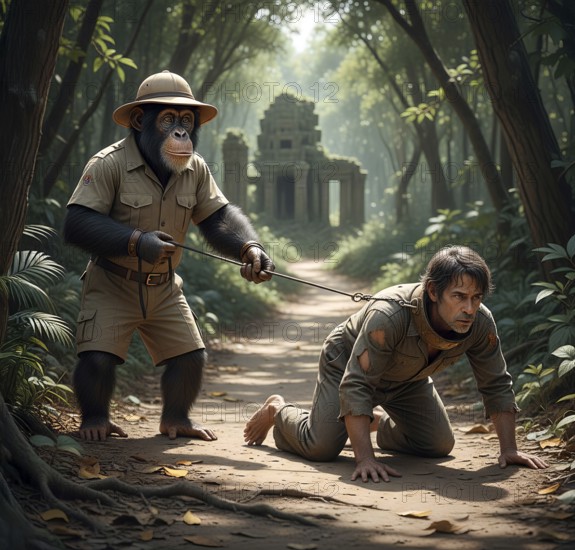 A chimpanzee leads a human, a man, on a leash, symbolic image, domination, slavery, pet, relationship, submission, chimpanzee, hominid, violence, AI generated, AI generated