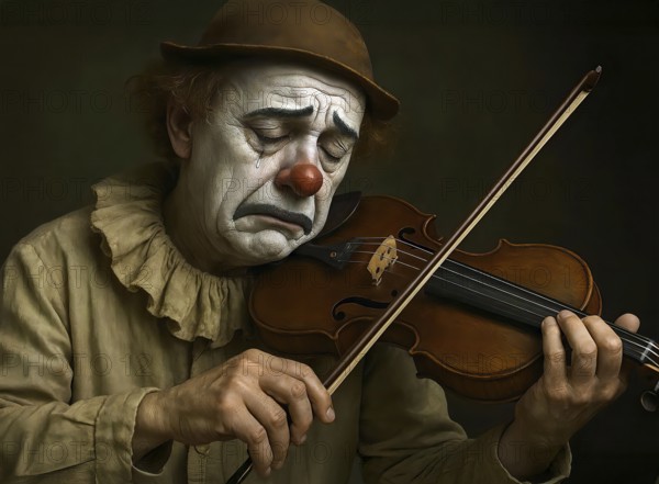 A sad clown with a tear on his face plays the violin, symbolic picture sad, music, musical clown, circus, makeup, portrait, costume, costumed, crying, melancholy, AI generated, AI generated