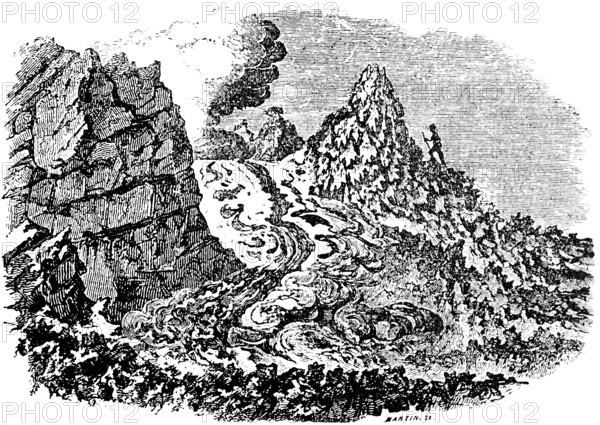 Flowing lava flow after the eruption of Vesuvius, natural disaster, geology, Gulf of Naples, Campania, smoke, eruption, heat, rock, hiker, curiosity, Italy, travel, historical illustration around 1900