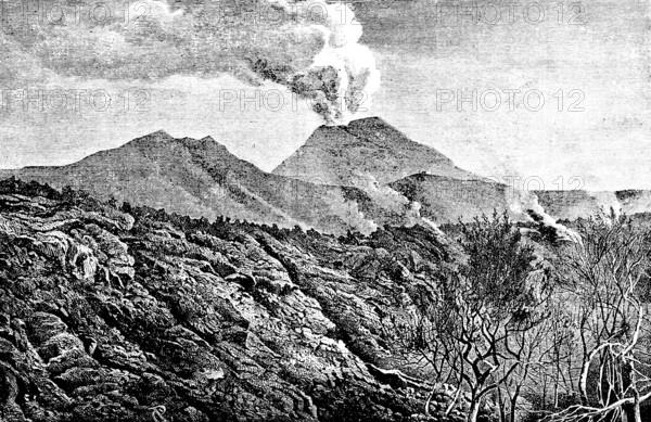 Lava flows of Vesuvius in 1872, stratovolcano, geology, hot lava, smoke, steaming volcano, lava fields, forest, nature, trees, Naples, Campania, Italy, travel, historical illustration around 1900