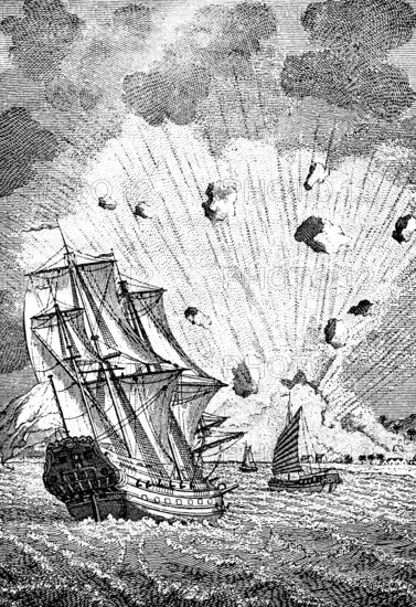 Volcanic eruption on the Moluccas Islands, archipelago in the Pacific Ocean, Indonesia, natural disaster, geology, sailing ships, swell, lava, place, houses, rocks flying, travel, historical illustration around 1900