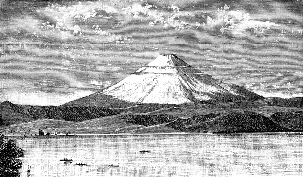 The snow-capped volcano Fuji (3776m) highest mountain in Japan, single mountain, geology, tectonics, Eurasian plate, Pacific plate, ocean, climate change, boats, travel, Fujiyama, Fujijama, Fuji, Japan, historical illustration around 1900