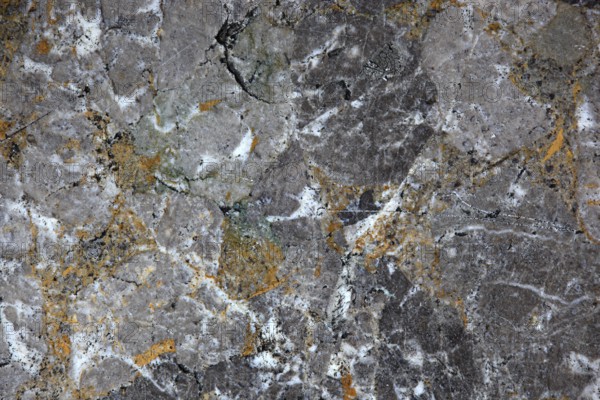 Multi-coloured granite with grey, white and orange elements, rich in structure