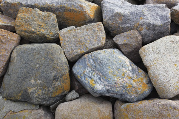 A collection of grey and orange rocks with a textured surface