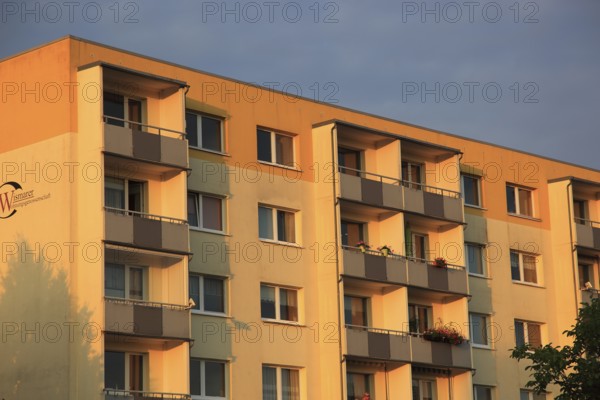 Rental apartments of the Weimar housing cooperative, prefabricated building, balconies, renovated, living space, Mecklenburg-Western Pomerania, Germany