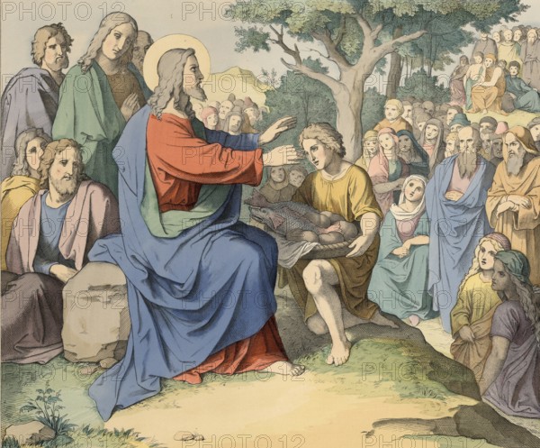 Biblical story, Jesus, feeding the 5, 000 men, a biblical miracle in which, according to the gospels, Jesus fed a huge crowd of people with just five loaves of bread and two fish, illustration, reproduction from a 19th-century model. Authentic, file restored for optimal use, exact date of submission unknown, historical
