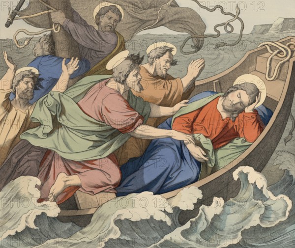 Biblical story, Jesus, the storm at sea, a biblical story in which Jesus and his disciples are traveling in a boat across the Sea of Galilee when a violent storm suddenly breaks out. While the disciples panic because they fear drowning, they wake the sleeping Jesus, who then silences the storm through his word, illustration, reproduction from a 19th-century model. Authentic, file restored for optimal use, exact date of submission unknown, historical