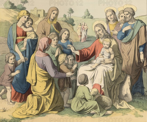 Biblical story, Jesus the Child Friend, parents brought their children to Jesus so that he would touch or bless them, illustration, reproduction from a 19th-century model. Authentic, file restored for optimal use, exact date of submission unknown, historical