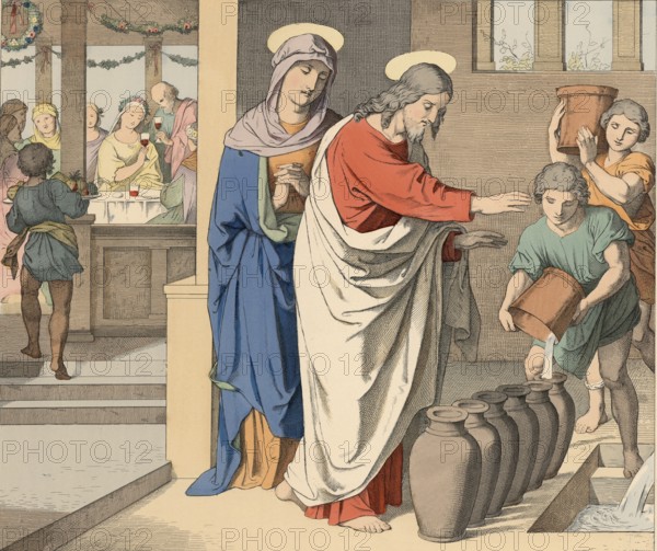 Biblical story, Jesus, first miracle at Cana, Cana. Jesus' first miracle took place at a wedding in Cana when he turned water into wine, illustration, reproduction from a 19th-century model. Authentic, file restored for optimal use, exact date of submission unknown, historical