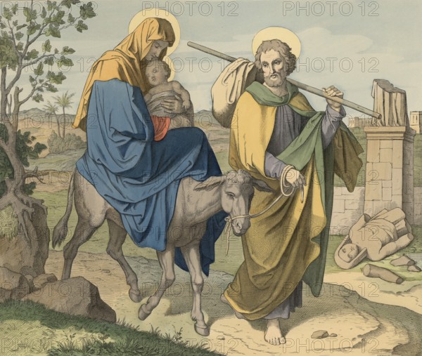 Biblical story, flight to Egypt, biblical event described in the Gospel of Matthew. She tells how Joseph flees to Egypt with his family to protect the newborn baby Jesus from the reenactments of King Herod, illustration, reproduction from a 19th-century model. Authentic, file restored for optimal use, exact date of submission unknown, historical