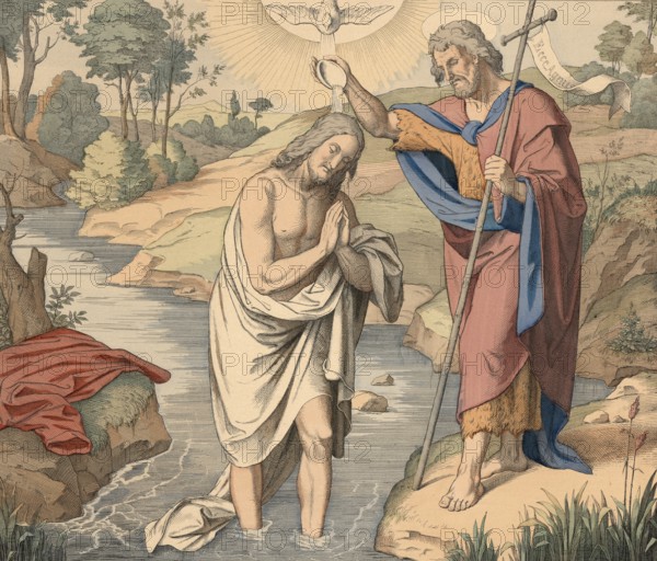 Biblical story, Jesus' baptism. The baptism of Jesus by John the Baptist took place in the Jordan River when Jesus was around 30 years old, illustration, reproduction from a 19th-century model. Authentic, file restored for optimal use, exact date of submission unknown, historical