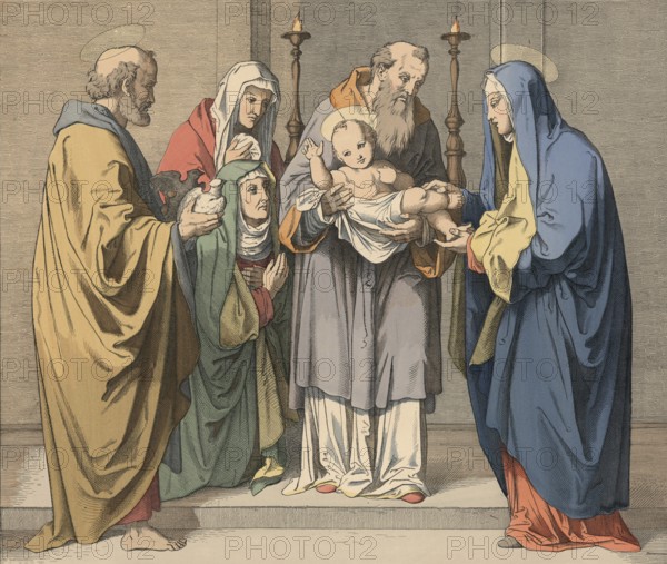 Biblical story depicting Jesus in the temple. Presentation of the Lord in which the infant Jesus is recognized and blessed by Simeon in the temple, illustration, reproduction from a 19th-century model. Authentic, file restored for optimal use, exact date of submission unknown, historical
