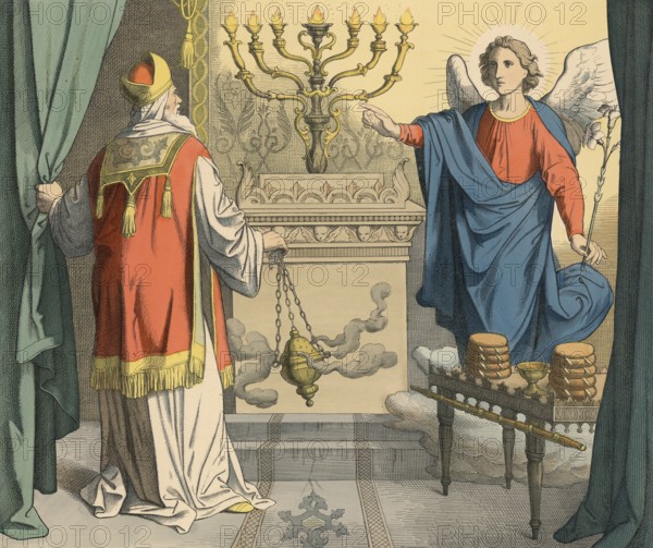 Biblical story, proclamation of the birth of John, the announcement of the birth of John the Baptist to his father, the priest Zacharias. The angel Gabriel appears to Zacharias in the temple and tells him that his elderly woman Elizabeth will have a son, illustration, reproduction from a 19th-century model. Authentic, file restored for optimal use, exact date of submission unknown, historical