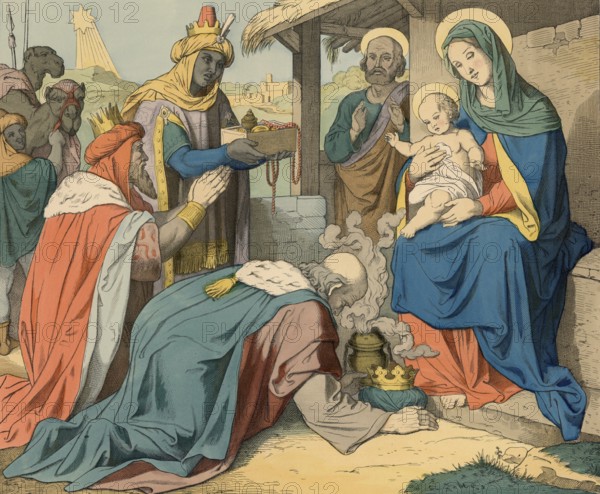 Biblical story, Adoration of the Magi from the East, a central motif in Christian art depicting the visit of the Magi to Jesus after his birth, illustration, reproduction from a 19th century model. Authentic, file restored for optimal use, exact date of submission unknown, historical