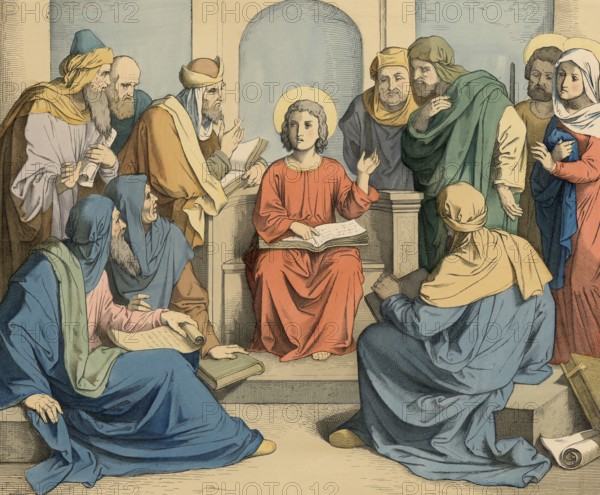 Biblical story, the twelve-year-old Jesus in the temple, the twelve-year-old Jesus who stays in the Jerusalem temple for three days after the Passover and discusses there with the scholars, illustration, reproduction from a 19th-century model. Authentic, file restored for optimal use, exact date of submission unknown, historical