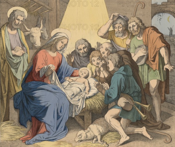 Biblical story, the birth of Jesus, the shepherds at the manger. Historical research suggests that Jesus was probably born between 4 and 8 BC, illustration, reproduction from a 19th-century model. Authentic, file restored for optimal use, exact date of submission unknown, historical