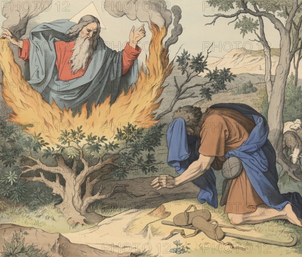 Biblical story, The Burning Bush, refers to the biblical narrative in which God Moses appears on Mount Horeb in a burning but not consuming bush to instruct him to lead the people of Israel out of Egypt., illustration, reproduction from a 19th-century model. Authentic, file restored for optimal use, exact date of submission unknown, historical