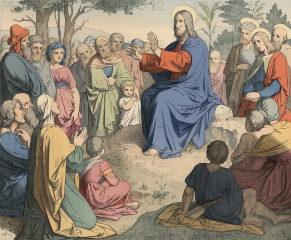 Biblical story, The Predict on the Mountain, one of the most famous and effective texts of the New Testament and is considered the core of Jesuan ethics, illustration, reproduction from a 19th-century model. Authentic, file restored for optimal use, exact date of submission unknown, historical