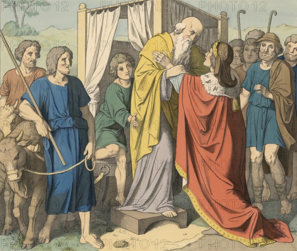 Biblical story, Jacob's journey to Egypt, is described in the Bible, where his sons first travel to Egypt to buy grain as there is a famine. Jacob later moved to Egypt with his entire family, illustration, reproduction from a model from the 19th century. Authentic, file restored for optimal use, exact date of submission unknown, historical