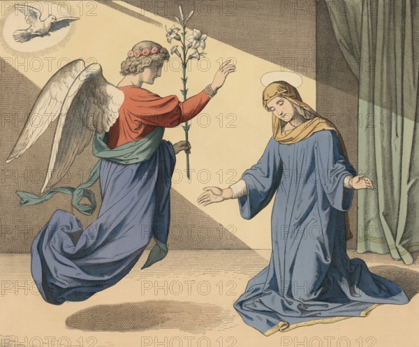 Biblical story, proclamation of the birth of Jesus, the divine message delivered by the angel Gabriel to the Virgin Mary, illustration, reproduction from a 19th century model. Authentic, file restored for optimal use, exact date of submission unknown, historical