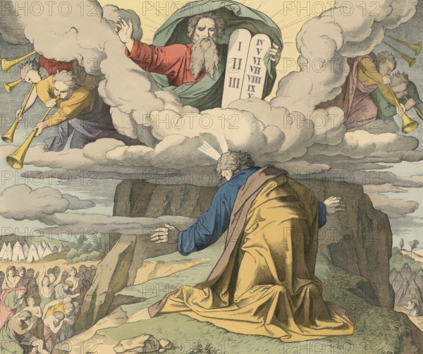 Biblical story, God gives the 10 Commandments in Sinai. God revealed himself in the midst of thunder and smoke and gave Moses the commandments governing people's relationship with God and one another on two stone tablets, illustration, reproduction from a 19th-century model. Authentic, file restored for optimal use, exact date of submission unknown, historical