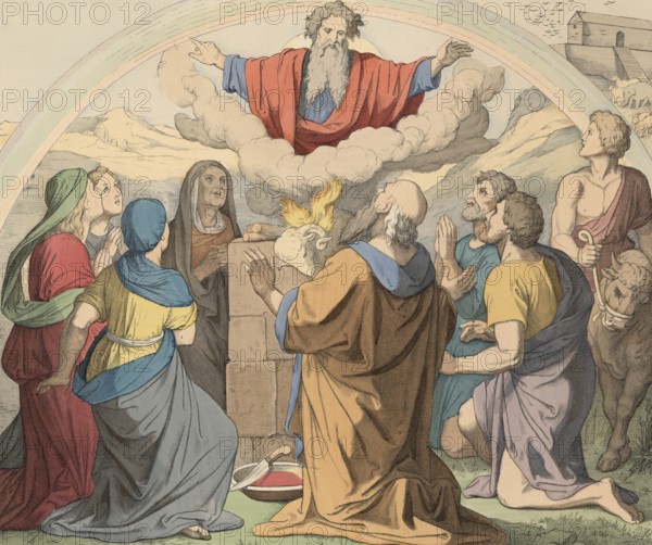 Biblical story, Noah's sacrifice of thanks, Noah, After the waters of the Great Flood receded and Noah, his family and all animals had left the ark, Noah's first action on land was to show his gratitude to God, illustration, reproduction from a 19th-century model. Authentic, file restored for optimal use, exact date of submission unknown, historical