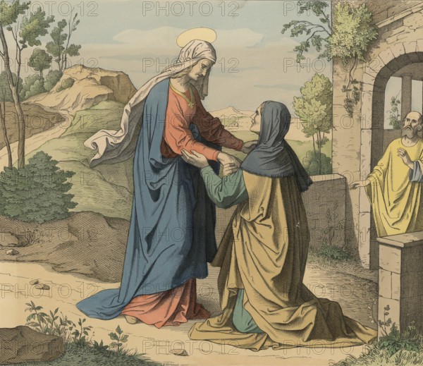 Biblical story, Visitation of Mary, in the Catholic Church relates to the visit of the pregnant Mary to her also pregnant relative Elizabeth, the mother of John the Baptist, illustration, reproduction from a 19th-century model. Authentic, file restored for optimal use, exact date of submission unknown, historical