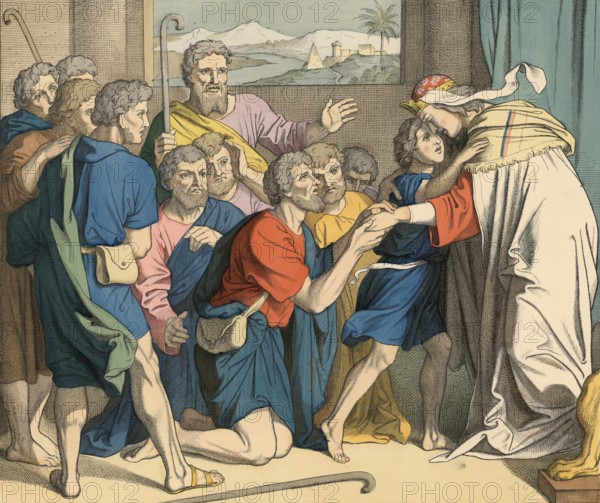 Biblical story, Joseph reveals himself. Joseph reveals himself to his brothers after they have come to Egypt to search for grain. He can no longer restrain his feelings, sends all the Egyptians away and reveals himself crying to his brothers, which leads to reconciliation, illustration, reproduction from a 19th-century model. Authentic, file restored for optimal use, exact date of submission unknown, historical