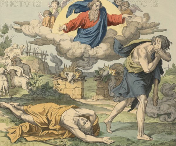 Biblical story, Cain and Abel, the biblical sons of Adam and Eve, who were separated by jealousy, illustration, reproduction from a 19th-century model. Authentic, file restored for optimal use, exact date of submission unknown, historical